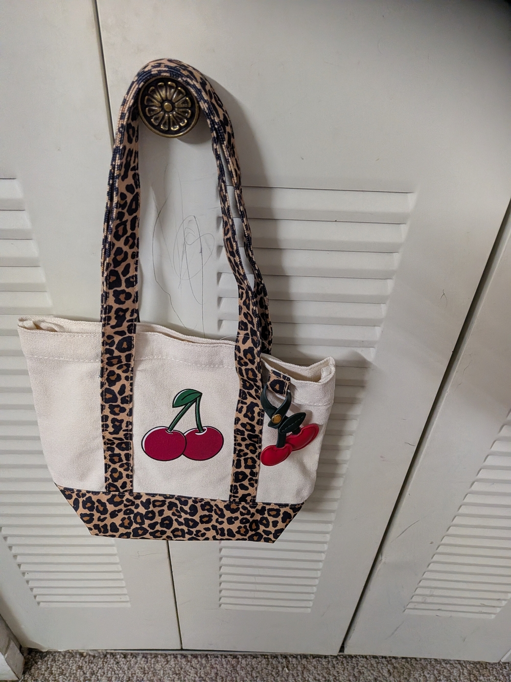 Canvas Cherry Tote with Leopard Trim